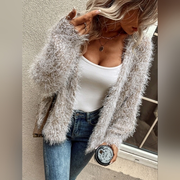 New Gorgeous Fluffy Open Knit Cardigan Sweater Jacket Tan White Khaki - Picture 1 of 8